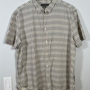 🌿 French Connection Men's Shirt XL Cream Navy Striped Linen Blend Short Sleeve